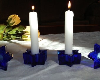 Cobalt blue glass six-sided star candle holders, set of four (4)