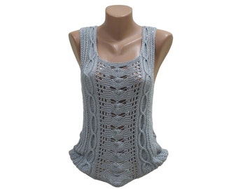 Grey crochet top - Dressy sequin top - Sleeveless blouse - Hand knit sequin blouse