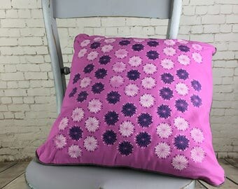 cushion, pink cushion cover with faux antique brown leather, hand dyed, hand printed silkscreen flower design