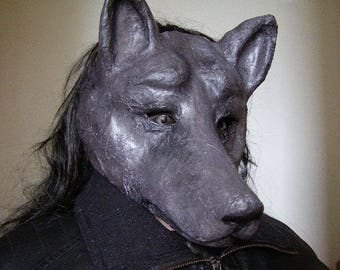 Masquerade mask Black wolf mask Paper mache mask Black dog Wolf costume Wolf head Animal mask Scary mask