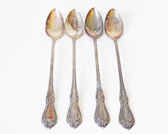 Silver Iced Tea Spoons, Wm A Rogers Oneida Chalice Pattern, Circa 1950's, Four Pieces, Ornate Silver Spoons, Silver Tea Things, 7 1/2"