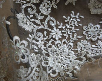 Sequin Wedding Lace Fabric, Ivory Floral Embroidery Lace Fabric, Corded Lace Fabric, 55 inches Wide for Dress, Craft Making 1/2 Meter