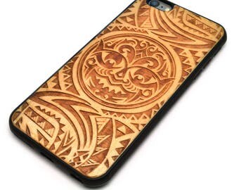 iPhone 6 Plus, Natural Wood with Laser Engrave Polynesian Tribal Design Cell Phone Case, Designed and Engraved in USA-i6pw011