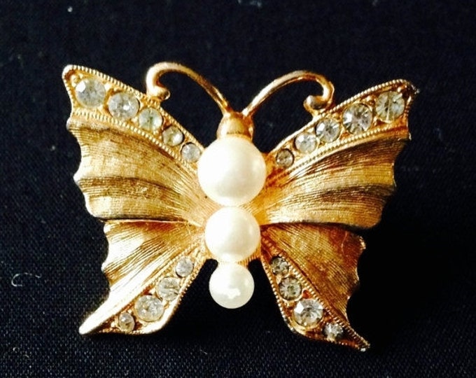 Storewide 25% Off SALE Enchanting Vintage Gold Tone Marcasite Butterfly Brooch Featuring Diamond Encrusted Wings & Faux Pearl Center