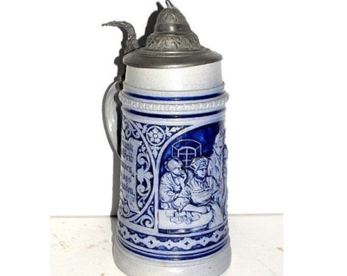 Storewide 25% Off SALE Vintage Octoberfest Celebratory Style Authentic German Beer Stein Featuring Cobalt Blue Design With Pewter Lid