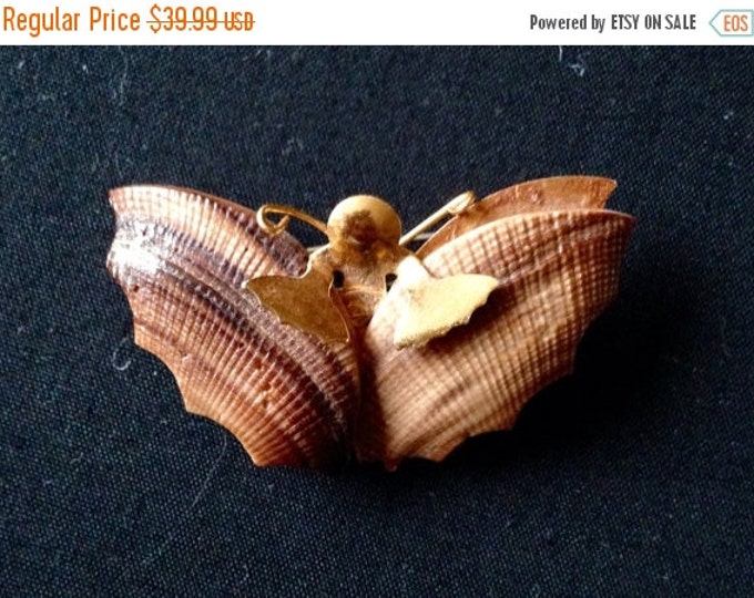 Storewide 25% Off SALE Enchanting Vintage Copper Tone Carved Seashell Butterfly Brooch Featuring Genuine Handcrafted Ocean Seashells