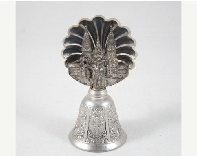 Storewide 25% Off SALE Vintage Silver Plated Design Embellished Hand Bell Featuring Multidimensional Old World Church Engravings With Religi