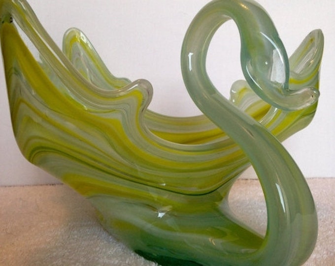 Storewide 25% Off SALE Vintage Murano Italian Designer Green Swirling Art Glass Stretch Swan Bowl Featuring Petal Style Peaked Edge & Swan N