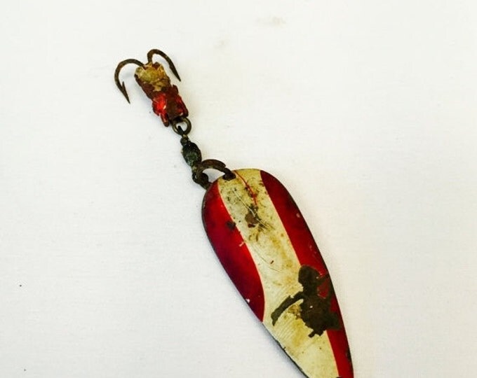 Storewide 25% Off SALE Antique Red & White Dardevle's IMP USA Metal Fishing Lure Featuring Original Hand Design