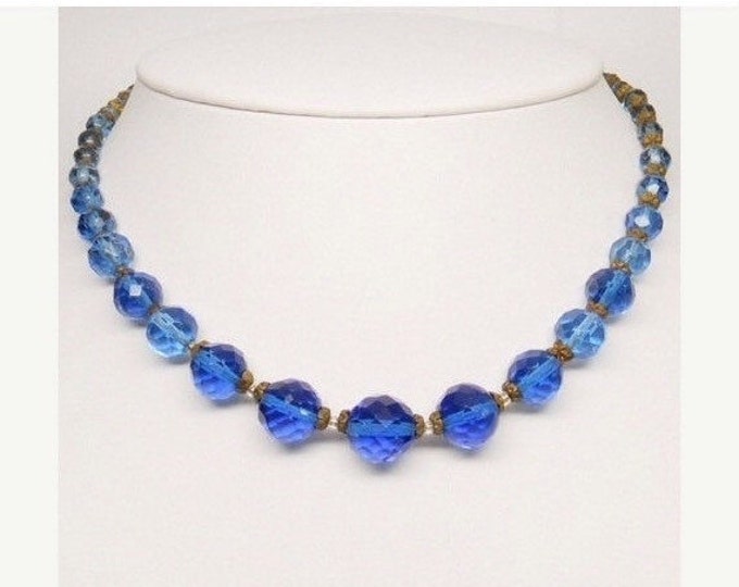 Storewide 25% Off SALE Antique Eshozlovani Graduated Cobalt Blue Czech Glass Designer Necklace Featuring Multi Faceted Transparent Original