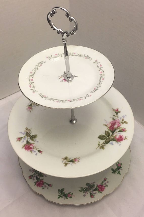 Three tierd china cake plate stand pink and white flowers and