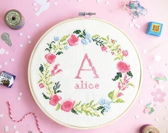Baby Cross stitch pattern - Floral wreath with Alphabet , modern initial cross stitch , counted floral cross stitch chart , baby nursery