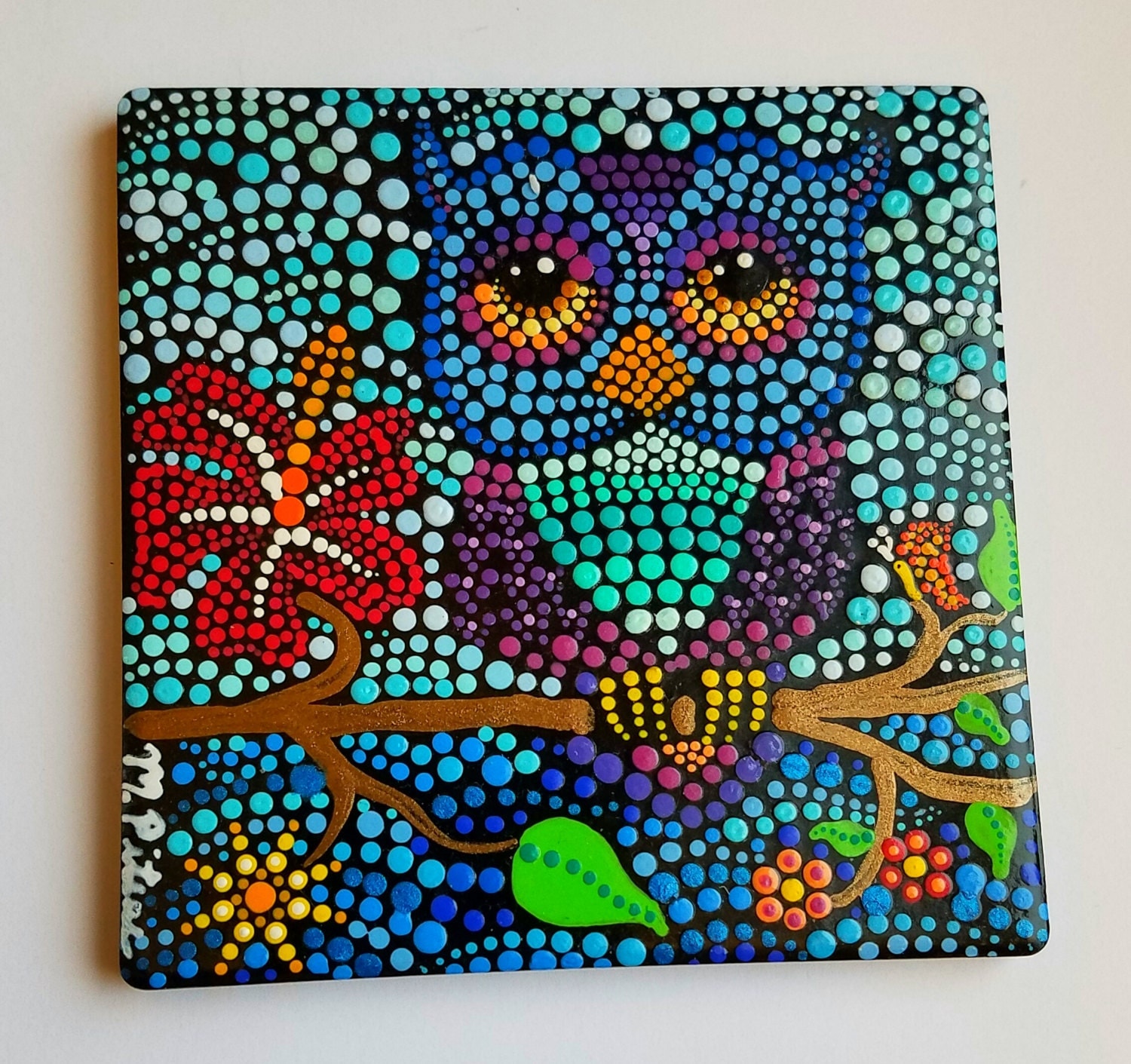 OWL Art Hand Painted Dot Art on Stone Ceramic Tile w/