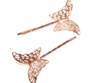2 x Rose Gold Butterfly Hair Grips Baroque Bobby Pins Clips Bridesmaid Vtg 1182