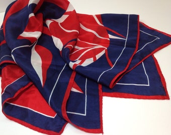Navy Red Silk Scarf, Vintage Silk Scarf, Red White Blue Silk Scarf, Vintage Red White Scarf, Navy Red White Silk Scarf, 27" Square Scarf