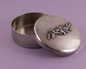 Round Lidded Pewter Box - French Vintage - Trinket Box - Lily Flower