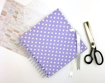 Scrapbook album with lilac polka dot cover, 8x8 inch with plain white pages. photo album, guest book