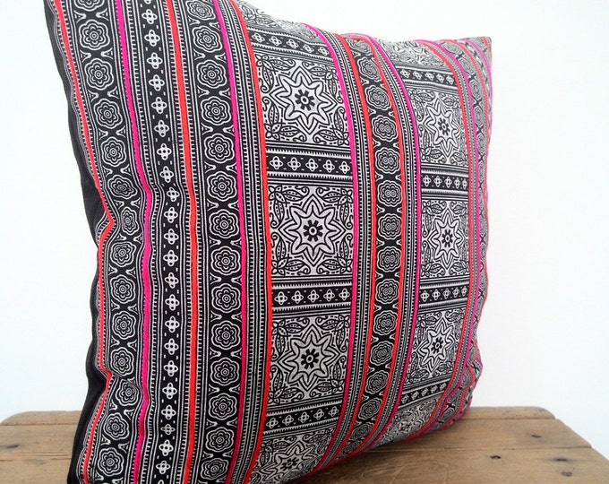 18"x18" Black-and-White With Neon Stripe Hmong Fabric Pillow Cover, Ethnic Batik Boho Pillow Cover