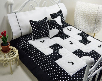 Modern Dollhouse Miniature Scale Patchwork Quilt Black White Polka Dot Bedspread Small Bedroom Little Blanket Tiny Pillow Country Doll House