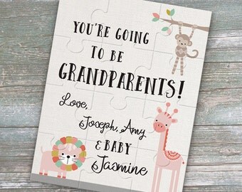 Baby Announcement Puzzle - Going to be grandparents puzzle - Personalized Puzzle - Pregnancy Announcement Surprise - Baby Animal Theme