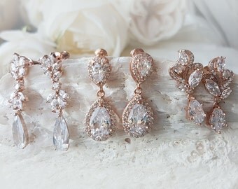 Bridal Crystal Drop Earrings, Pear Cubic Zirconia, CZ Studs Earrings, rose gold earrings, crystal pear shape, rose gold ANNA
