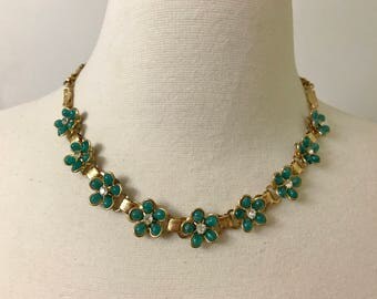 Vintage Green Resin & Rhinestone Flowers Bookchain Necklace