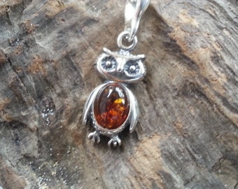Sterling Silver Baltic Amber Little Owl Pendant Necklace