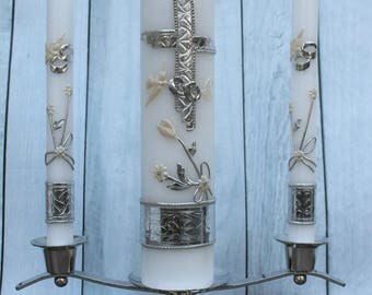 FAST SHIPPING!! Beautiful Silver Unity Candle Set with Silver Base Included in a Gorgeous Deluxe Box. Introductory Price until July 15th.
