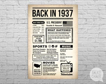 Back In 1937 Newspaper-Style DIGITAL Poster, 80th Birthday PRINTABLE Sign, 80th Birthday Poster, 80th Birthday Gift, 1937 Sign, 1937 Poster