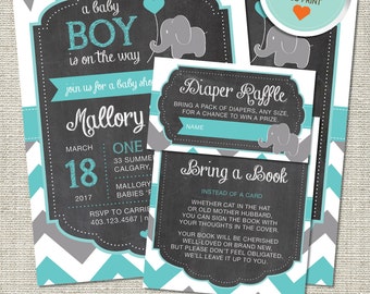 Elephant Baby Shower Invitation, Elephant Invitation, Elephant, Teal, Gray, Flags, Chevron | DIY