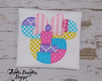Minnie Mouse Head with Bow Patchwork Appliqué Embroidery Design, Girl, Birthday, Bow, Birthday Party, Girly, Monogram, 4x4, 5x7, 6x10, 9x9