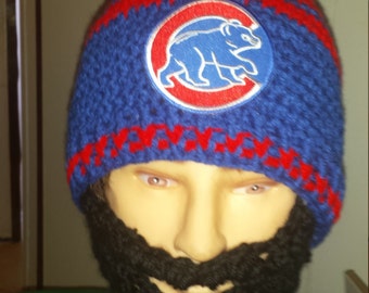 Chicago Cubs Bearded Beanie, Cubs Baseball Beanie, Velcro Both sides Beard & Beanie 4 Perfect Fit Customize Cubs Embroidered Patch, 5 Pics