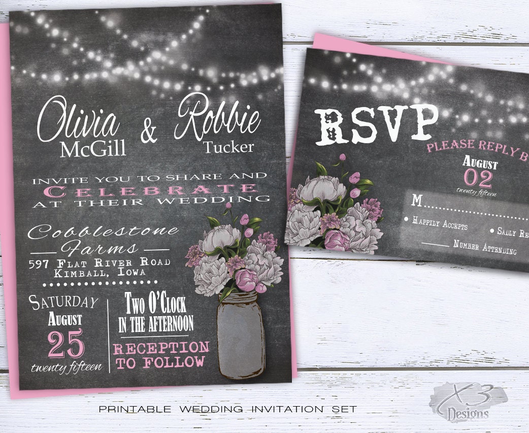 Mason Jar Chalkboard Wedding Invitation Set Rustic Country