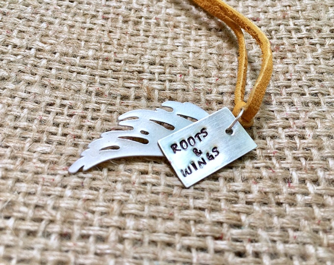Angel Wing Necklace, Stamped Necklace, Roots and Wings, Suede Necklace, Wing Necklace, Silver Wing Necklace, Hand Stamped Jewelry
