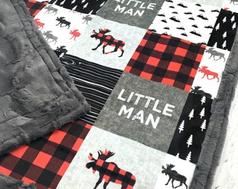 Little Man Minky Blanket - Faux Quilt - Designer Minky - Grey