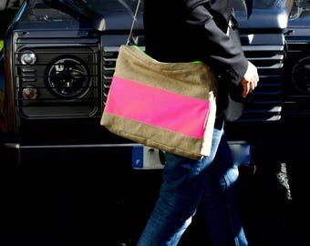 Laptop Case. Linen and neon cordura computer bag. Sacoche ordinateur. Laptop bag.Messenger bag.