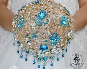 Brooch bouquet, Jeweled bouquet, Cascading bouquet, Turquoise bouquet, Bridal bouquet, Crystal bouquet, Wedding bouquet, Bridesmaid bouquet