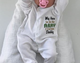 My hero is in the Army And I Call Him Daddy custom sleeping suit, personalised baby clothing, military gift, baby shower gift, baby shower