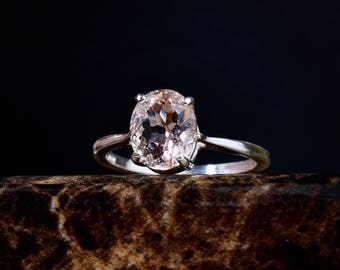 Genuine Morganite Ring, Morganite Engagement Ring, Peach Pink Morganite, Oval Solitaire, Unique Engagement, Silver Morganite, Natural Ring