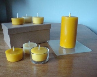 Pure Beeswax Candle and Six Tealights in gift box