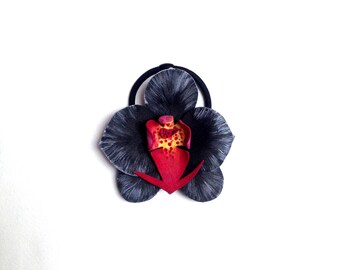 Black hair tie Orchids Ponytail tie Black hair clip bow flower Black Hair Band elastic band elastic dark hair accessories gift|for|friends