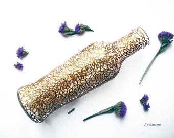 Vase glass bottles French decor Gold lace Gold leaf Congratulations Flower vase Recycled glass Vase french style Gold wedding table
