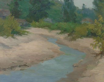 VINTAGE RIVERSCAPE Original Oil Painting by Soviet Ukrainian Russian artist Pushnikova G. 1961, Signed, Countryside scenes, Nature landscape
