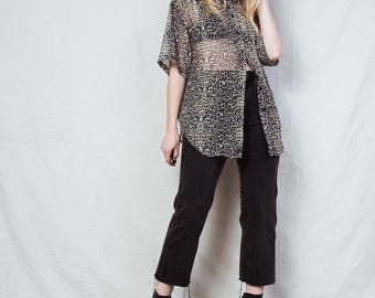 AMAZING Vintage Leopard Sheer Blouse / S / 90s hipster button up blouse goth shirt animal print top button down shirt