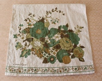 Vintage Signed Luther Travis Linen Floral Tea Towel Kitchen Towel