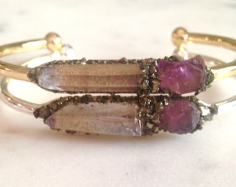 Amethyst, chakra jewelry, amethyst bracelet, angel jewelry, gift for her, chakra crystals crown, amethyst cuff, Raw amethyst gold bangle,