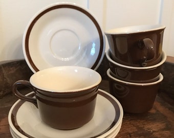 Vintage Cavalier Ironstone "Monterey" Brown Tea Cups and Saucers Set of 4 | Made by Royal China