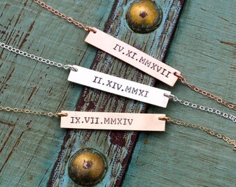 SALE • Roman Numeral Bar Necklace Silver Roman • Date Bar Necklace Date Rose Gold Roman Wedding Gift • Custom Date Wedding Anniversary Gift