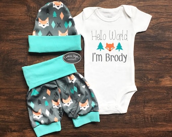 Baby Boy Coming Home Outfit, Hello World, Custom Name, Teal And Gray Fox Print Shorts And Hat, Baby Boy Shorts, Hosptial Outfit