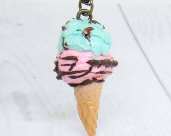 Blue and Pink Polymer clay icecream charm necklace, pastel bubblegum Ice cream waffle cone miniature pendant jewelery for kids and teenagers